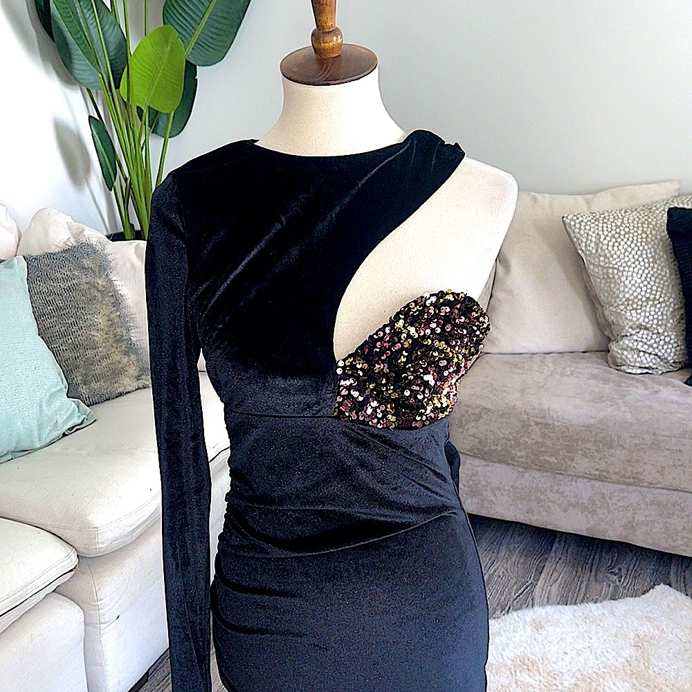 Black velvet dress with sequin bust